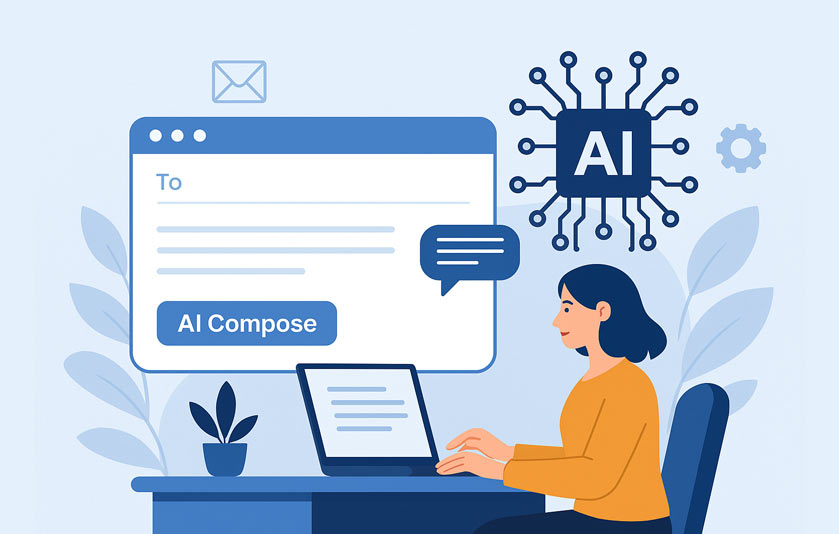 Woman using the AI Compose tool in her email interface, showcasing smart suggestions that improve business email writing and professional communication.
