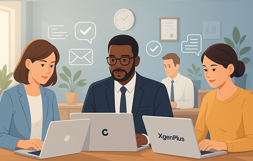 Business professionals using laptops for email communication in a modern office, with smart icons representing business email hosting and professional email service features.