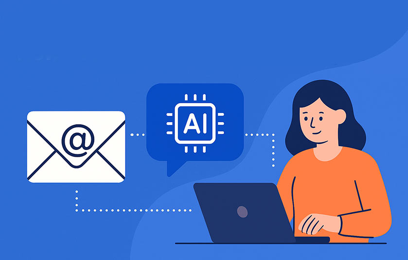 Illustration showing a woman using business email tools with AI integration, symbolizing how email and smart technology improve business communication.