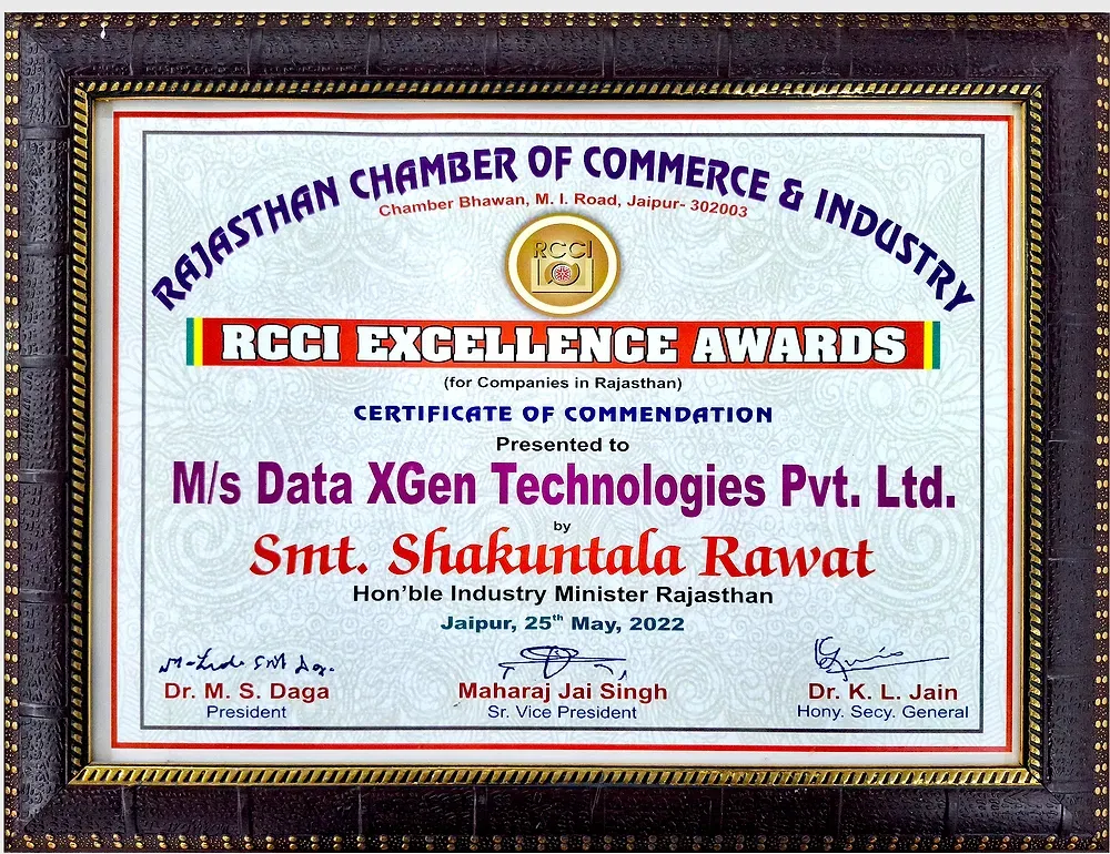 RCCI Excellence Awards Certificate of Commendation presented to Data XGen Technologies Pvt. Ltd. by the Rajasthan Chamber of Commerce and Industry, 2022